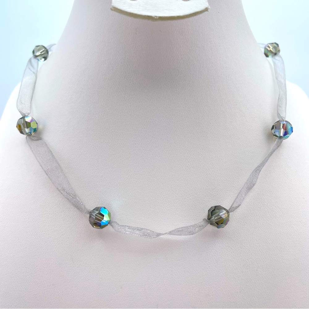 Delicate Vintage Sheer Ribbon Necklace w/ Faceted Aurora Borealis Crystal Beads